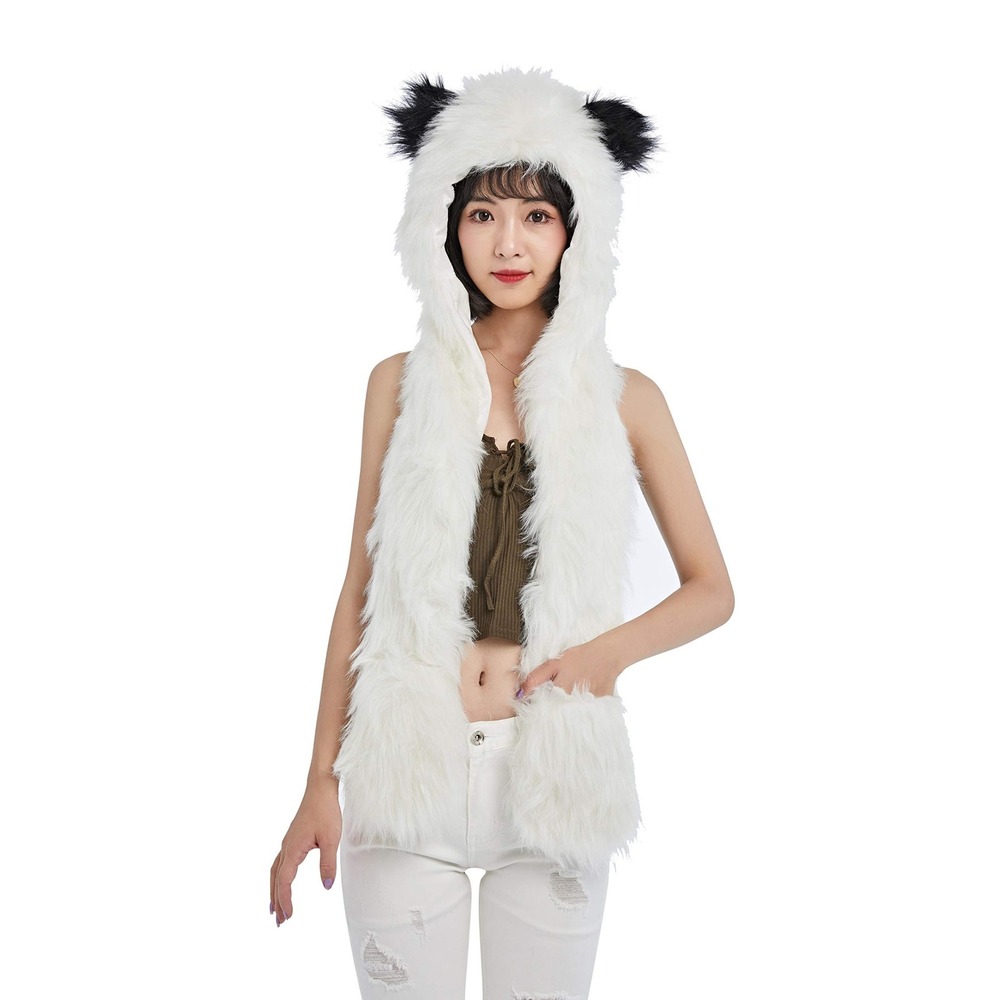 LED Light Up Panda Hat Scarf Gloves Faux Fur Spirit Hood w/ Paws Cosplay Costume - Picture 7 of 8